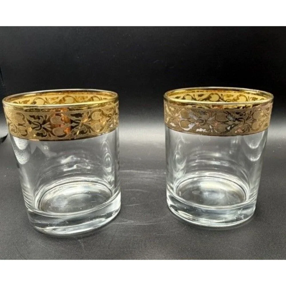 Vintage Italian Gold Encrusted Old Fashioned Rocks Glasses Set of 2 MCM
